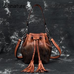 Evening Bags Johnature 2023 Vintage Cowhide Multifunctional Women Small Bag Fashion Bucket Genuine Leather Tassel Shoulder&crossbody