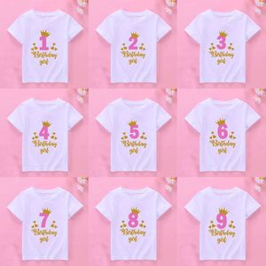 T-shirts New Kids Girls Summer Birthday T-shirts Short Sleeved T Shirt Size 1 2 3 4 5 6 7 8 9 10 Year Children Party Clothing Tops W0317