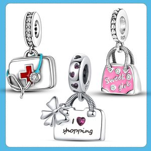 925 silver Fit Pandora Original charms DIY Pendant women Bracelets beads Pendant Pink Enamel Travel Shopping Bag