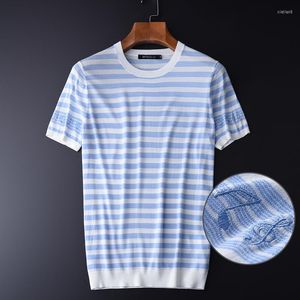 メンズTシャツ豪華な男性Tシャツ編み生地ラウンドカラーTシャツ夏プラスサイズ4xl通気性ストライプシンプルメン