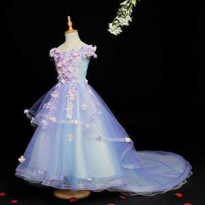 Mädchenkleider Hellblauer Tüll, Prinzessin, Ballkleider, Hochzeit, Tutu-Kleid für Mädchen, Perlenapplikationen, Party, Blumenmädchenkleider, Abschlussballkleider