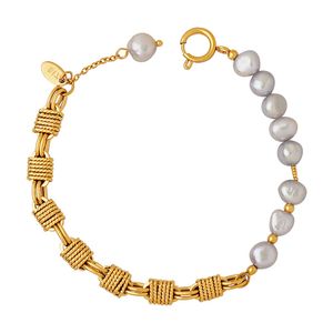 Vintage-Charm-Armbänder, 18 Karat vergoldete Kupferketten mit Perlenkettenarmband aus natürlichen grauen Süßwasserperlen
