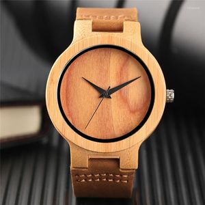 Wristwatches Natural Green/Brown Dial Wooden Watch Men Women Simple Bamboo Wood Quartz Wristwatch Genuine Leather Gifts Clock Reloj De