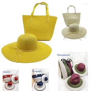 女性のための広い縁の帽子夏の麦わら帽と大きなバッグセット折りたたみ式旅行日サンスクリーンUVパナマキャップビーチフェドーラ卸売