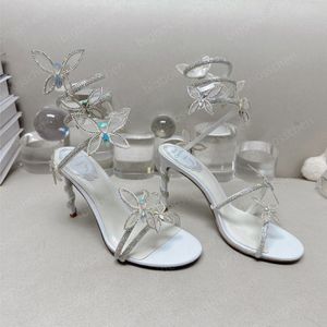 Fine Heeled Sandals Rene Caovilla Cleo Crystal Encrusted Snake Diamond Ankle Wrap Formal Shoes Designer 9.5 cm Butterfly Floral Rhinestone Roman Women's Sandals 4-12