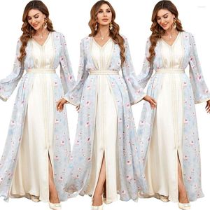 Etniska kläder marockanska kaftan lyx elegant lonbg hylsa 2st klänning blommig tryck abaya muslim set ramadan klänningar för kvinnor islam