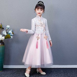 Kız Elbiseleri Kız Elbise Sonbahar Hanfu Tang Takım Yeni Çin tarzı BUTLENECK Nakış Baskı Antik Gelin Çocuk Cheongsam