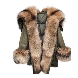 Women's Fur & Faux Quality Winter Women Raccoon High Dog Detachable Coats Down Liner Green Long Puff Sleeve Warm Thick Female Real Overcoat