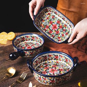 Bowls Bohemian Retro Ceramic Bakeware Household Binaural Bowl Large Lace Kitchen Tableware Single Handle Salad Plate