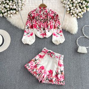 Fashion Spring Runway Two Piece Dress Sets For Women Turn Down Collar Floral Print Blouse And Shorts Suit Office Lady Outfits 2023