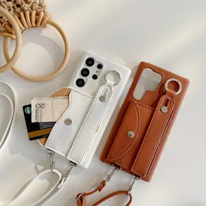 قلادة Lychee Grain Vogue Phone Case for iPhone 14 13 12 11 Pro Max Samsung Galaxy S23 Ultra S22 Plus S21 S20 Wristband Card Slot Slot Bracket Bracket Shell