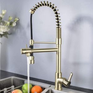 Kitchen Faucets High Quality Brass Pre-Rinse Faucet Arc Sink Pull Down Spring Spout And Pot Filler Brushed Gold