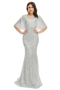 Runway Dresses Silver Shiny Mermaid Evening Formal With Cape Sleeve 2023 V-neck Gillter Sequins Red Carpet Celebrity Dress