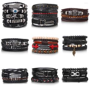 Charm Bracelets Men Vintage Multilayer Leather Braid Bangles Guitar Leaves Stars Handmade Rope Wrap Male Jewlery