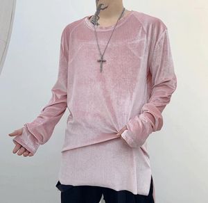 Men's T Shirts Korean Velvet Shining Tshirt Men Long Sleeve Finger Holes Side Slit Pink Grey Autumn Spring Hiphop Tops