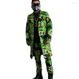 Men's Suits Men Print Fashion Casual Slim Fit Sets Long Jacket Pant Custom Male Hip Hop Party Dress Suit Coat Trouser Stage Clothing