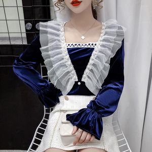 Kvinnors blusar chikichi 2023 våren och hösten koreansk mode elegant fyrkantig hals rufsled mesh sammet sömmar damer långärmad topp