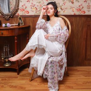 Women's Sleepwear Women Purple Cotton Lace Floral Print Sexy Night Gown And Robe Sets Vintage Dress Lounge Wear