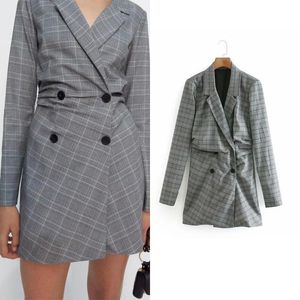 Women's Suits & Blazers Long Plaid Blazer Dress Women Double Breasted Style Office Lady Formal Clothing Commute Suit Sexy Elegant