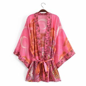 Casual Dresses Canwedance Boho Vintage Red Floral Print Sashes Women Bohemian V Neck Batwing Sleeves Happie Short Robe Kimono Shirt Dress