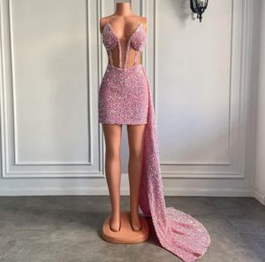 Pink Short Prom Dress 2023 Sheath Sparkly V-neck Velvet Sequined Women Birthday Gala Party Gowns Robe De Soiree Customed