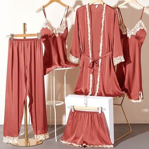 Womens Sleepwear Lace 5PCS Pigiama Set Primavera Donna Satin Lounge Wear Lingerie Abbigliamento per la casa Kimono sexy Accappatoio Abito con pettorali 230317