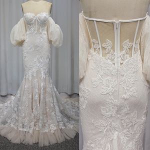 Glamorösa sjöjungfru bröllopsklänningar älskling från axelblomma sökande rygglös tyll domstol klänning anpassade ruffles gjorda plus storlek brudklänning vestidos de novia