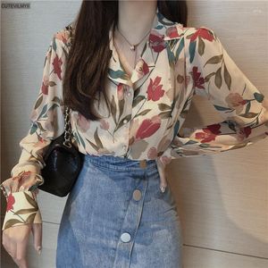 Blouses femininas Mulheres coreanas estampas breves fofas fofas chiques grandes tamanhos grandes florais combinam de camisetas elegantes casuais de peito único