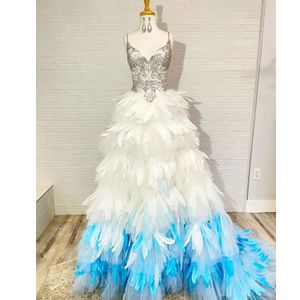 Luxury Prom Dresses For Women Beads Crystal Feathers Tiered Elegant Formal Party Evening Dress Vestidos De Noche