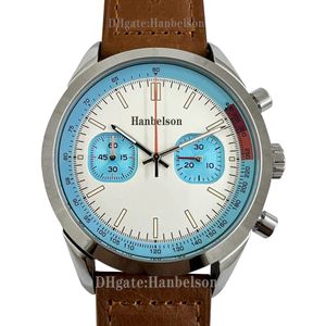 2023 MENS Titta på White Blue Racing Dial Chronograph 46mm Brown Stap Japan Quartz Movement Wristwatch