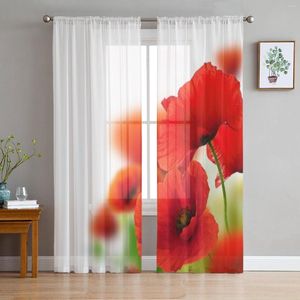 Curtain Poppies White Background Tulle For Living Room Sheer Valance Kitchen Bedroom Window Drapes