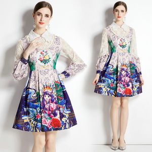 Kvinnor Boutique Dress Lantern Sleeve Dress 2023 Spring Autumn Palace Dress High-End Fashion Girl Printed Dresses Lady Lace Dresses