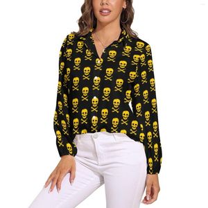 Damenblusen, gelbe Totenkopf-Bluse, lockere Bluse mit gekreuzten Knochen, klassischer, übergroßer Damen-Langarm-Kawaii-Hemd, Frühlingsgrafik-Top