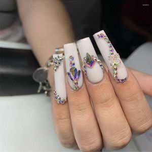 False Nails 24Pcs Detachable Long Coffin With Rhinestones Designs French Ballerina Fake Full Cover Nail Tips Press On