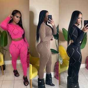 2023 Women's Tracksuits Two Piece Pants Sets Sexy Slash Neck Hollow Out Mesh Crop Top And Trousers 2 Piece Set Women Clothing