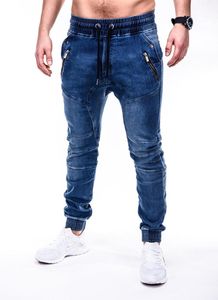 Mäns jeans solid färg vintage man rynka blå klassiska lastbyxor mans blixtlåsfickor hip-hop-denim dragsko avslappnad byxa