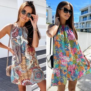 Lässige Kleider, Sling-Kleid für Damen, Sommer, Strandurlaub, Vintage-Stil, farbig bedruckt, Mini-Damen, ärmellos, schulterfrei, Sommerkleid