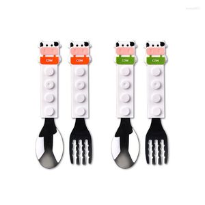 Dinnerware Sets Cartoon Cow Baby Cutlery Set Stainless Steel Toddler Dessert Spoon Feeding Fork Gadget Children Utensil