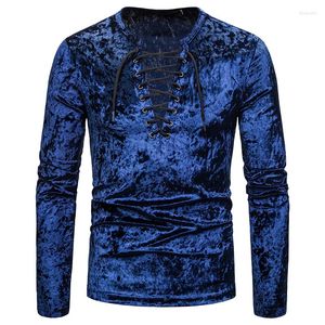Men's T Shirts 2023 Autumn Velour T-shirts Men Shoelaces Deep V-Neck Long Sleeve Casual Tops Tees Man European Size Blue Black White