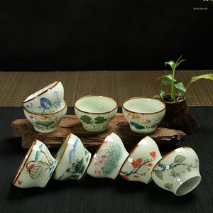 Чашки блюдцы Celadon Teacup Teacup Ручная роспись высококлассная килн-руий Cup Cup Pattern Office 9pcs/Set-