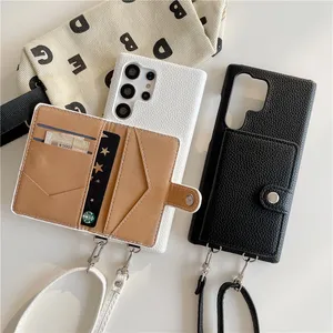 Necklace Lychee Pattern Folio Vogue Phone Case for iPhone 14 13 12 11 Pro Max Samsung Galaxy S23 Ultra S22 S21 Adjustable Lanyard Card Slot Leather Wallet Back Cover