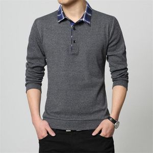 Camisetas masculinas Moda com lapela costura xadrez de camiseta de camiseta de tamanho grande negócio casual adolescente outono inverno simples camiseta simples