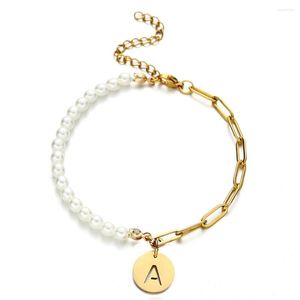 Charm Armband Rostfritt stål Imiterade Pearl Chain Initial 26 Alfabetet Namn Armband för Women Girls Letter Wedding Jewelry