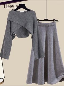 Work Dresses Autumn Winter Warm Knitted 2 Piece Sets Womens Outfits Office Ladies Elegant O-Neck Long Sleeve Sweater And Knitting Skirt