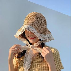 Wide Brim Hats Floppy Straw Hat Women Korean Sweet Summer Beach Cap With Lace Tie Ladies Panama HoleWideWide