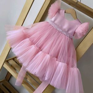 Kız Dresses Pembe Çocuk Kız Gelinlik Bebek Pageant Kız Partisi Prenses Doğum Giyim Çocuk Kıyafetleri Bow Dantel Elbise Zarif Vestidos