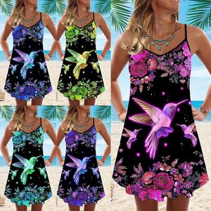 Vestidos casuais 2023 Hummingbird Flower Printed Suspender Summer Dress Mini S-8xl