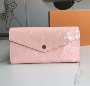 Projektant mody portfele luksusowe torebki kopertowe męskie damskie portfel ze skóry lakierowanej wytłoczony kwiat list długi uchwyt na karty szczupłe pieniądze kopertówki z pudełkiem hurtownia