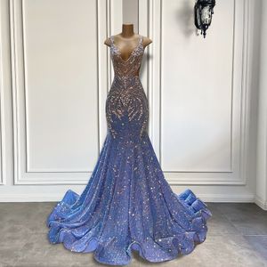 Luxury V-neck Long Prom Dress 2024 Sparkly Mermaid Style Silver Crystals Light Blue Sequin Black Girls Evening Party Formal Gowns Robe De Soiree Customed