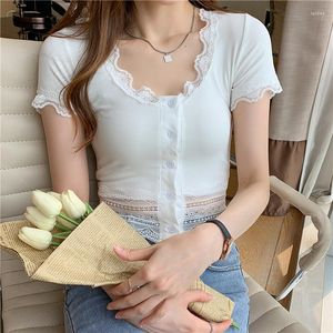 Women's Blouses Summer Cotton Blouse For Women Korean Slim Lace Button Up Short Sleeve Woman Shirt Tops White Style Clohthing 15060